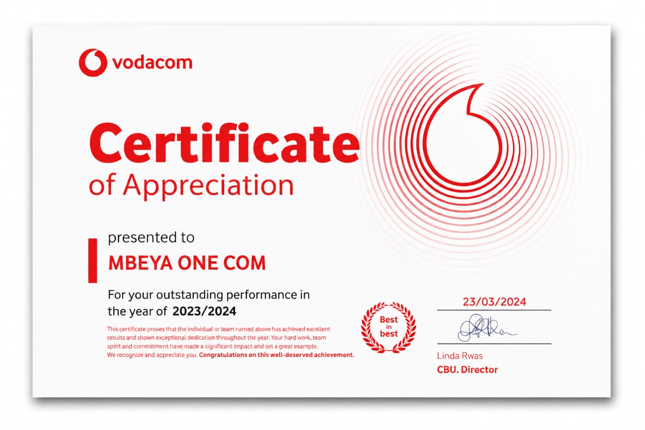 Mbeya One certificate of outstanding performance